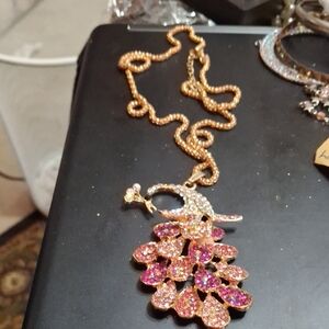 Elegant Gold and Pink Peacock Pendant Necklace
